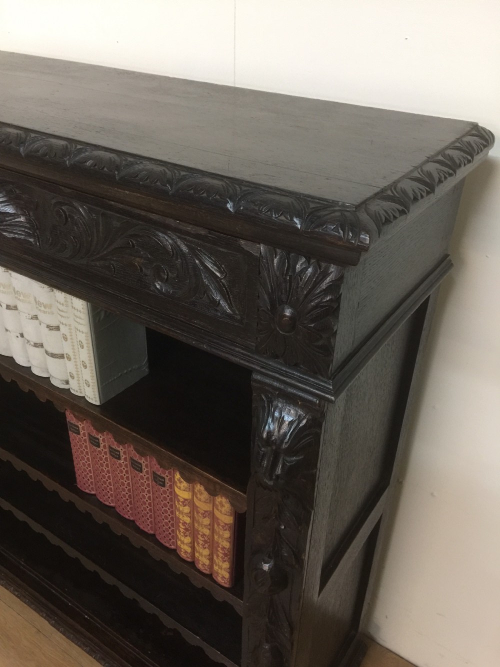 Nineteenth century green man solid oak carved open bookcase View II