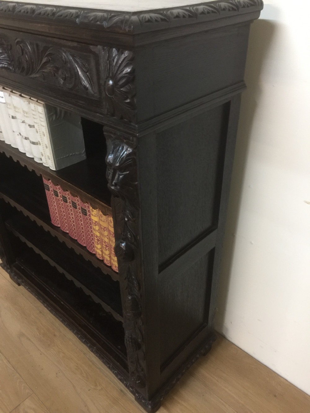 Nineteenth century green man solid oak carved open bookcase View IV