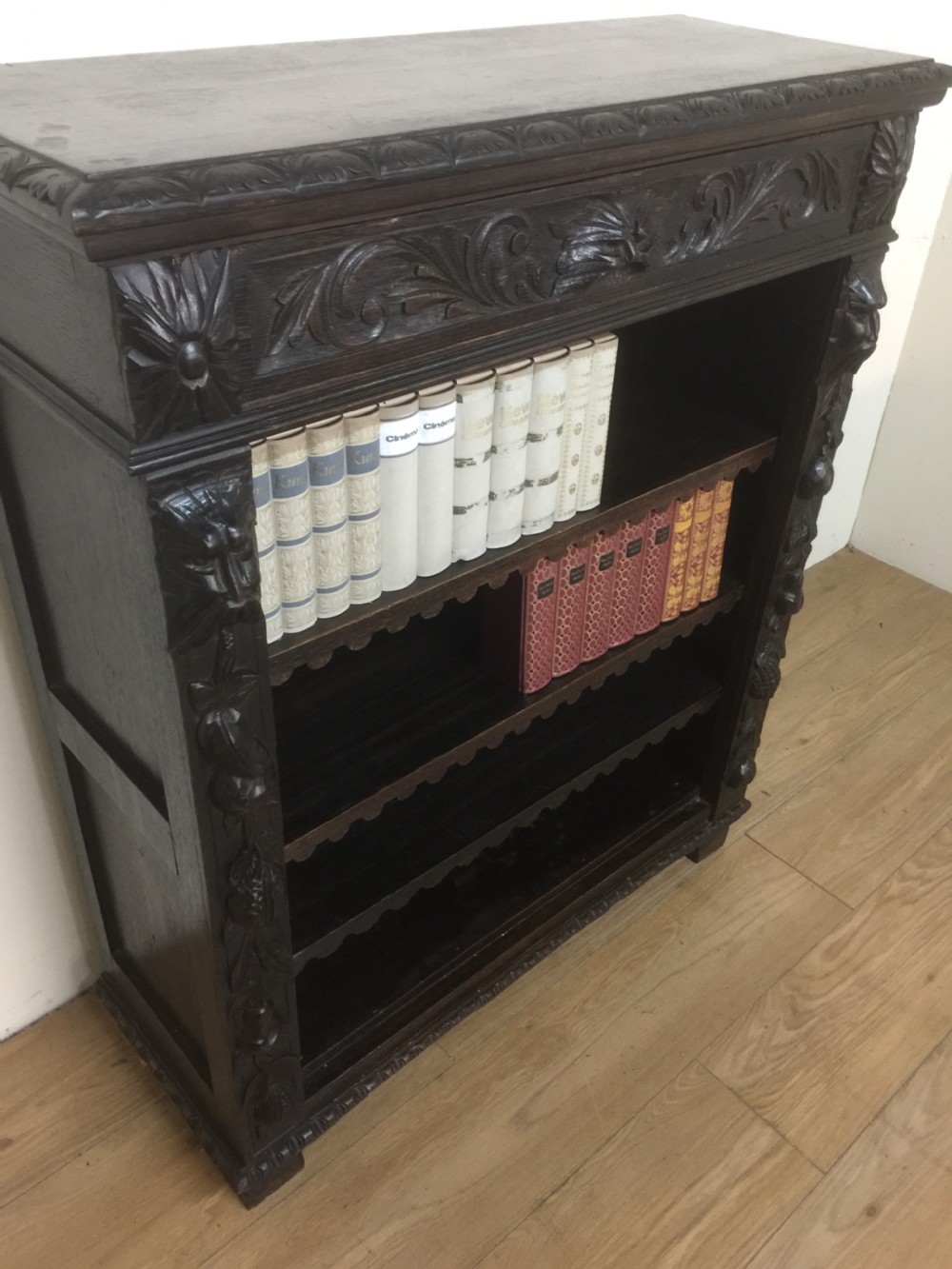Nineteenth century green man solid oak carved open bookcase View VI