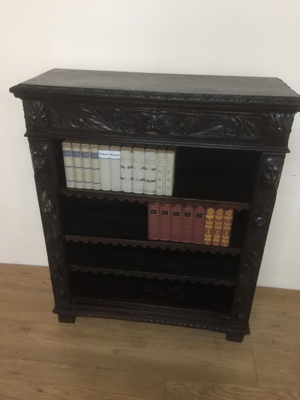 Nineteenth century green man solid oak carved open bookcase View VII