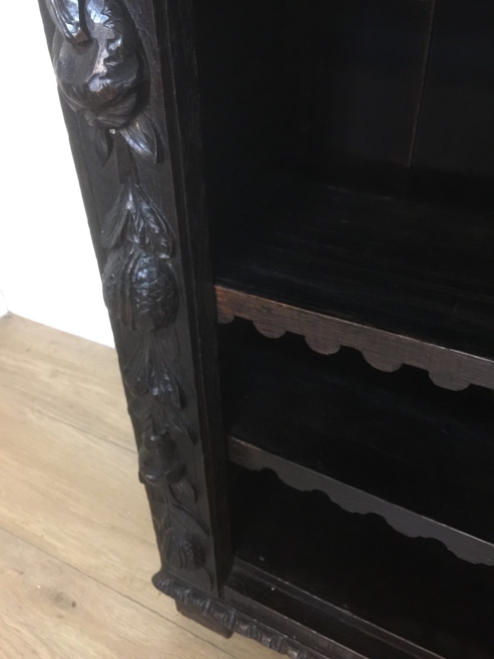 Nineteenth century green man solid oak carved open bookcase View VIII