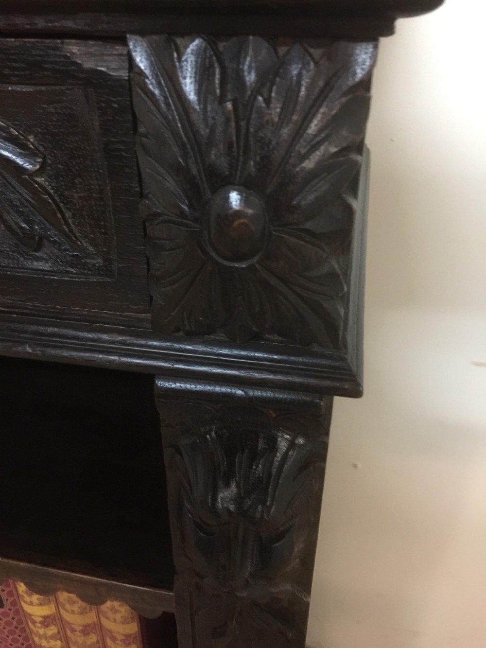 Nineteenth century green man solid oak carved open bookcase View IX
