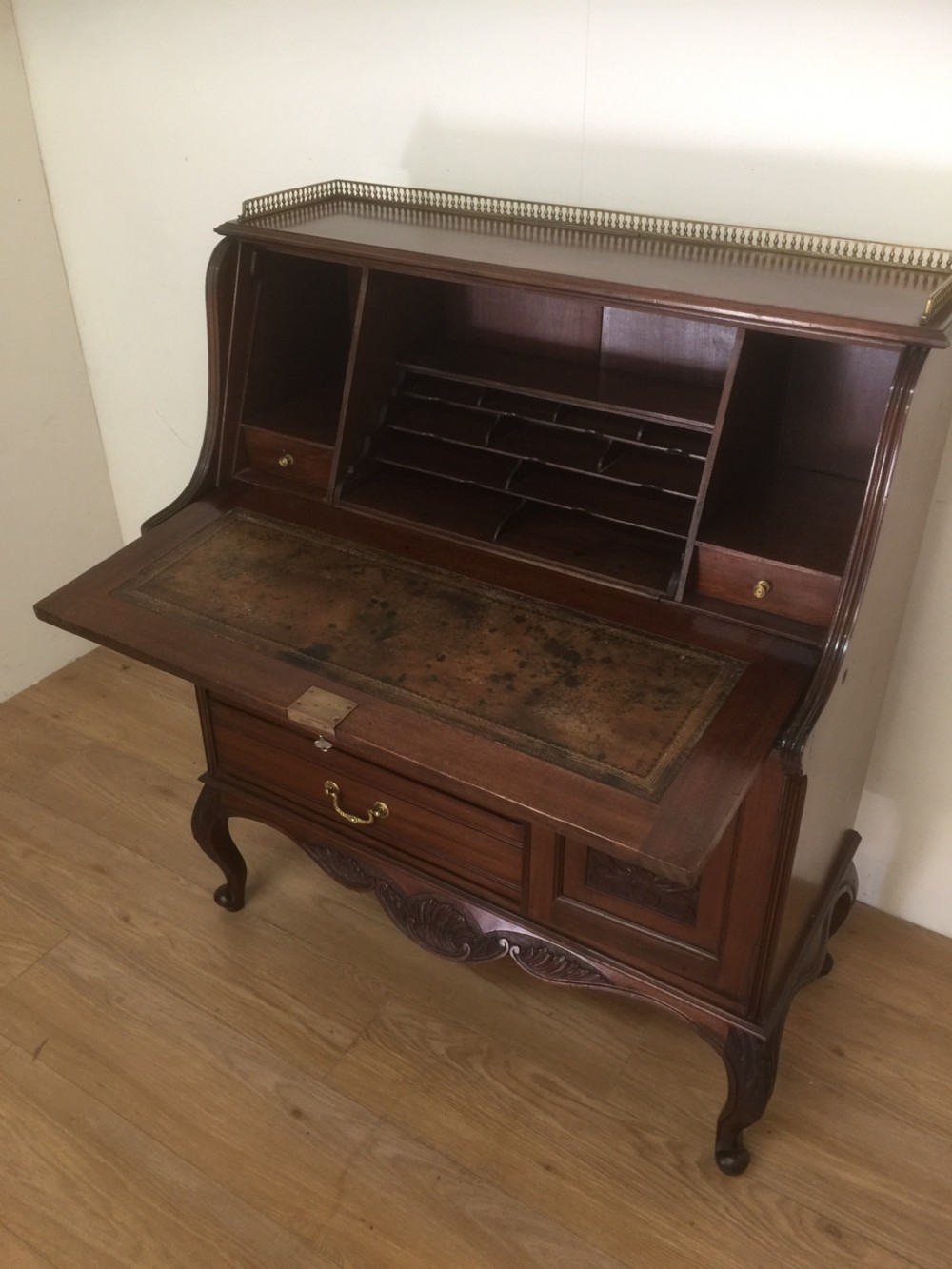 Nineteenth century carved mahogany bureau on cabriole legs  View II