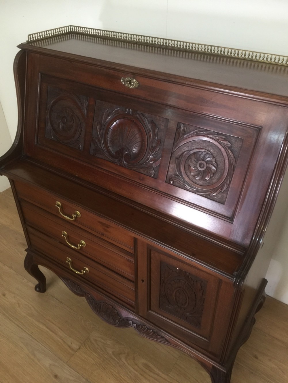 Nineteenth century carved mahogany bureau on cabriole legs  View IV