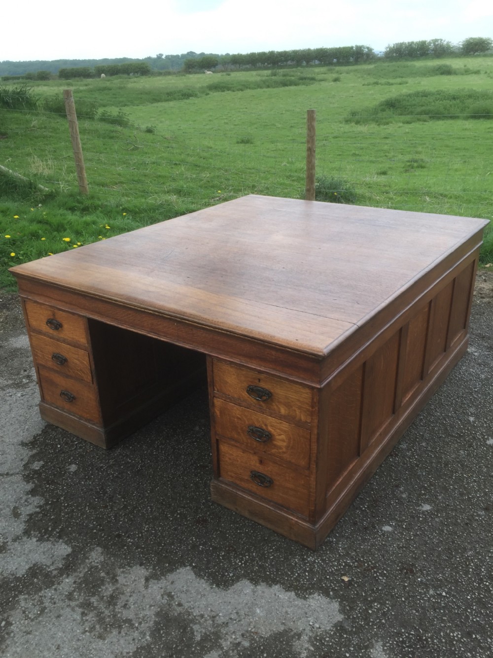 Nineteenth century solid oak twin Pedestal partners desk View XII