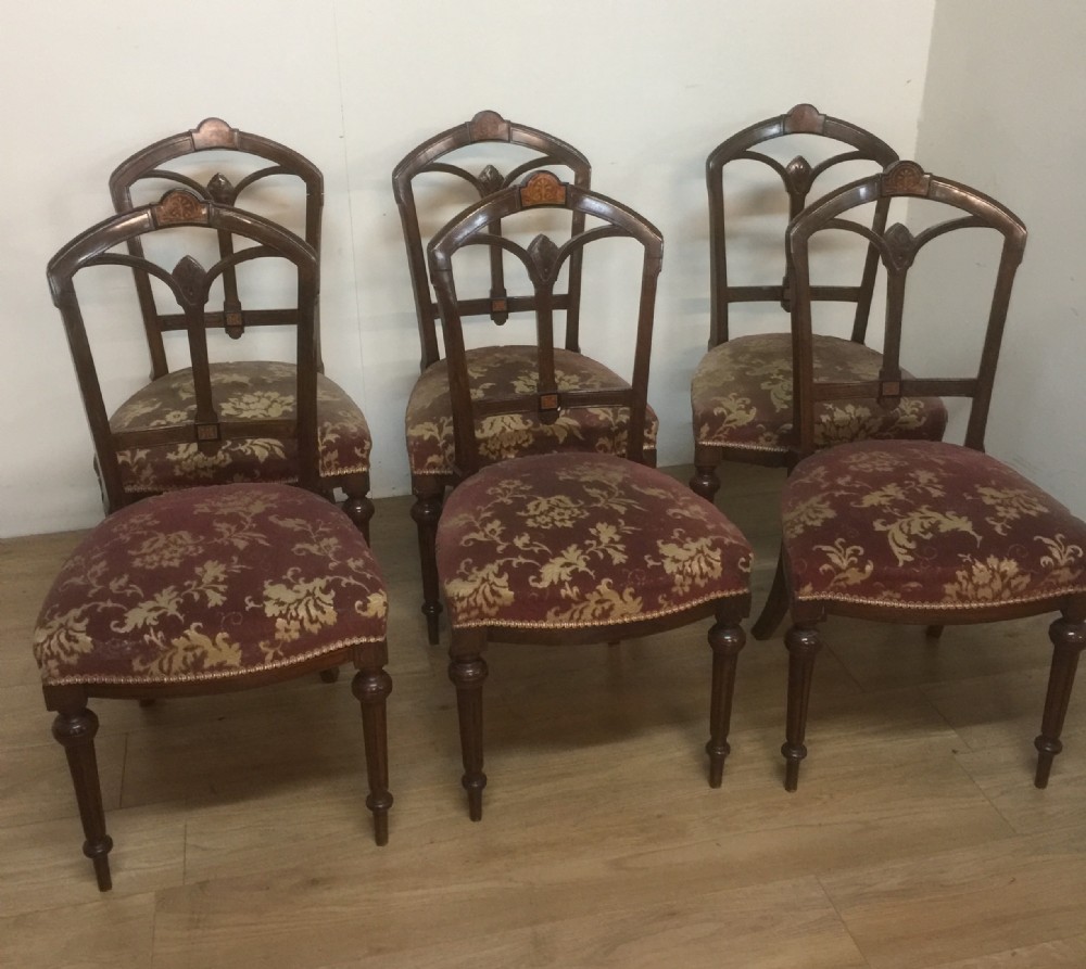 Antique nineteenth century Six inlaid walnut dining chairs 