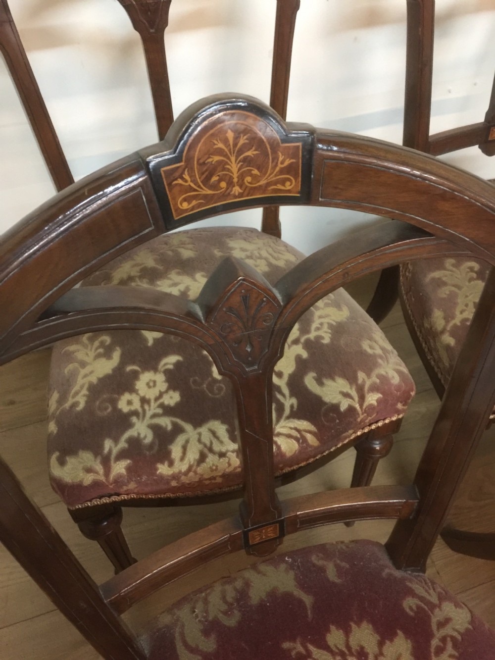 Antique nineteenth century Six inlaid walnut dining chairs  View II