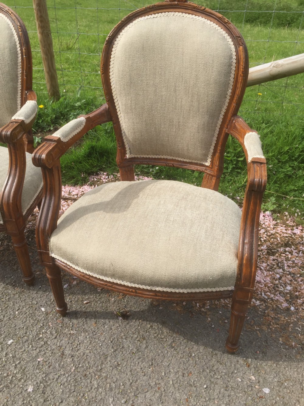 Pair of carved oak French armchairs circa 1920 View II