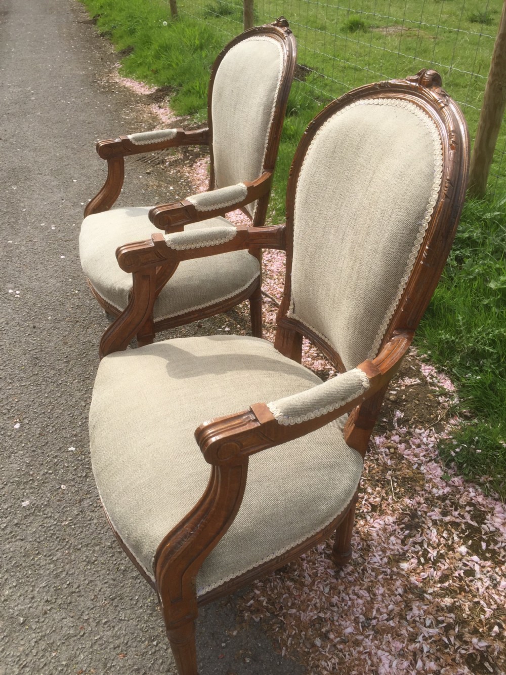 Pair of carved oak French armchairs circa 1920 View III