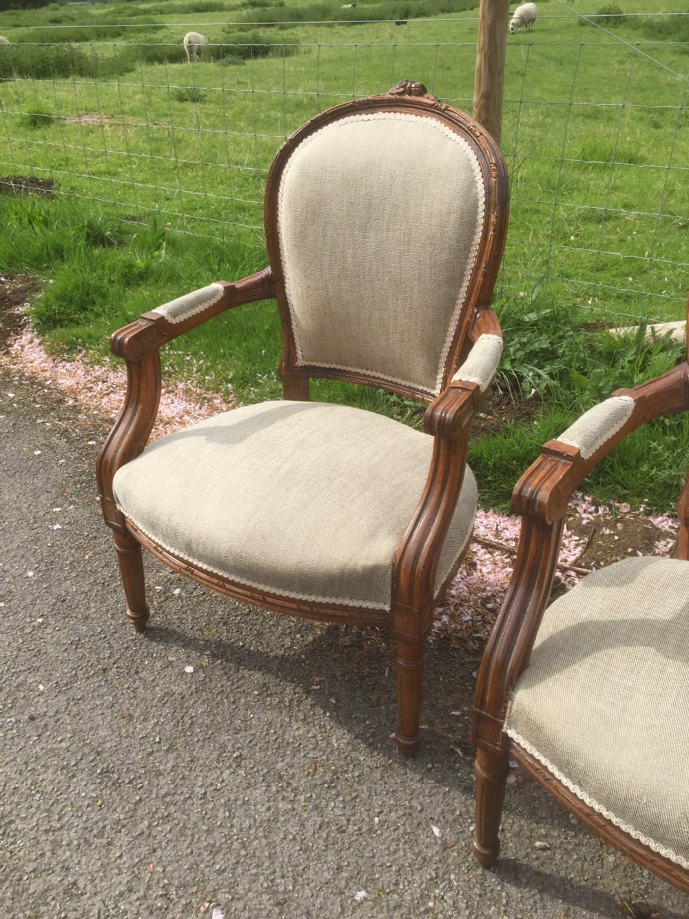 Pair of carved oak French armchairs circa 1920 View IV