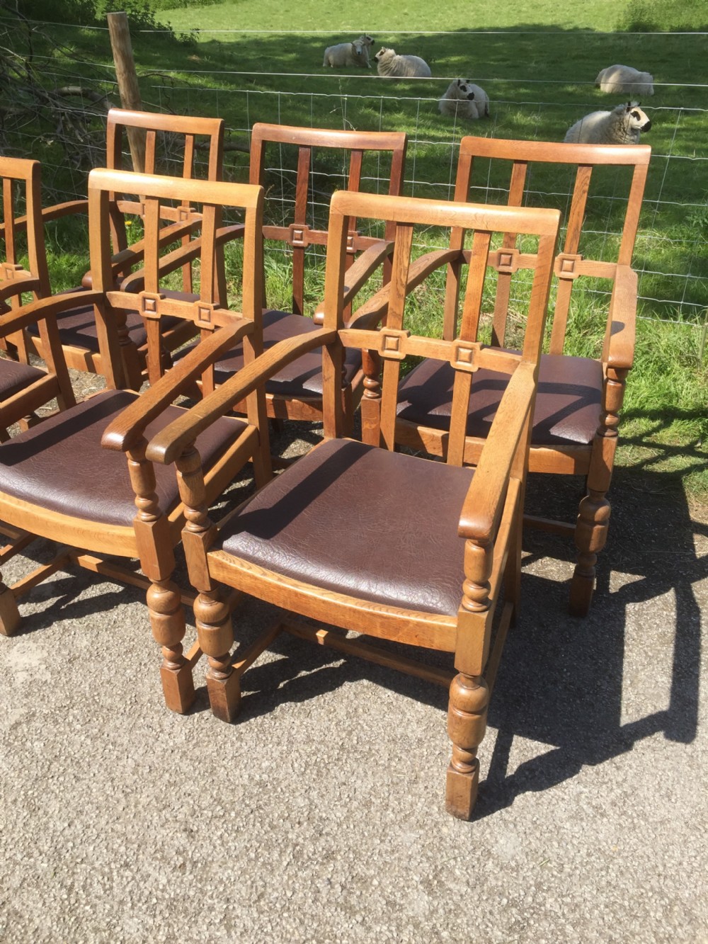 Six golden oak Arts and Crafts armchairs  View X