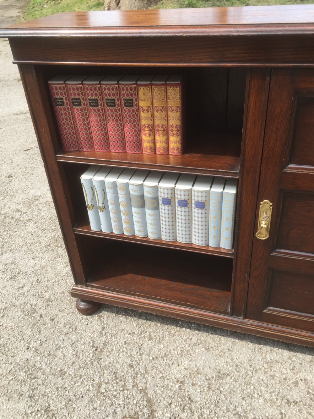 Pair of Waring and Gillow solid oak open bookcases circa 1920 View V