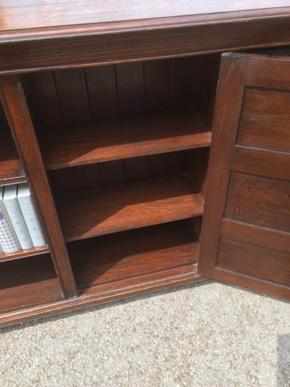 Pair of Waring and Gillow solid oak open bookcases circa 1920 View XII