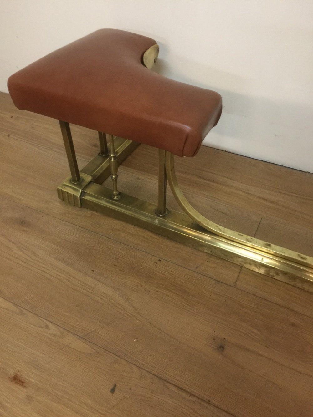 Edwardian leather and brass club fender View II