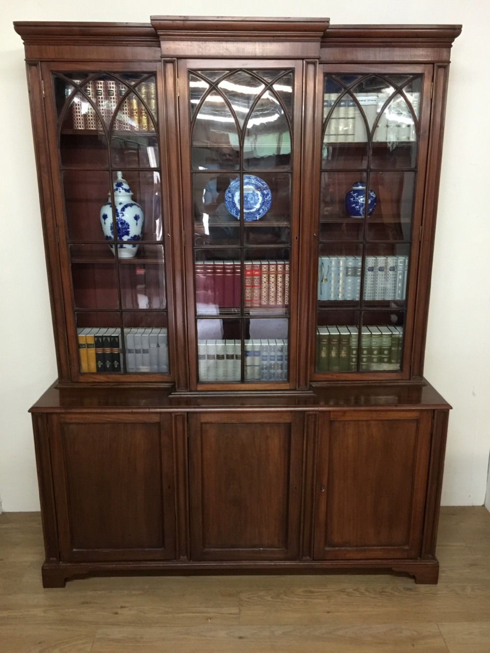 Edwardian breakfront mahogany triple bookcase View II