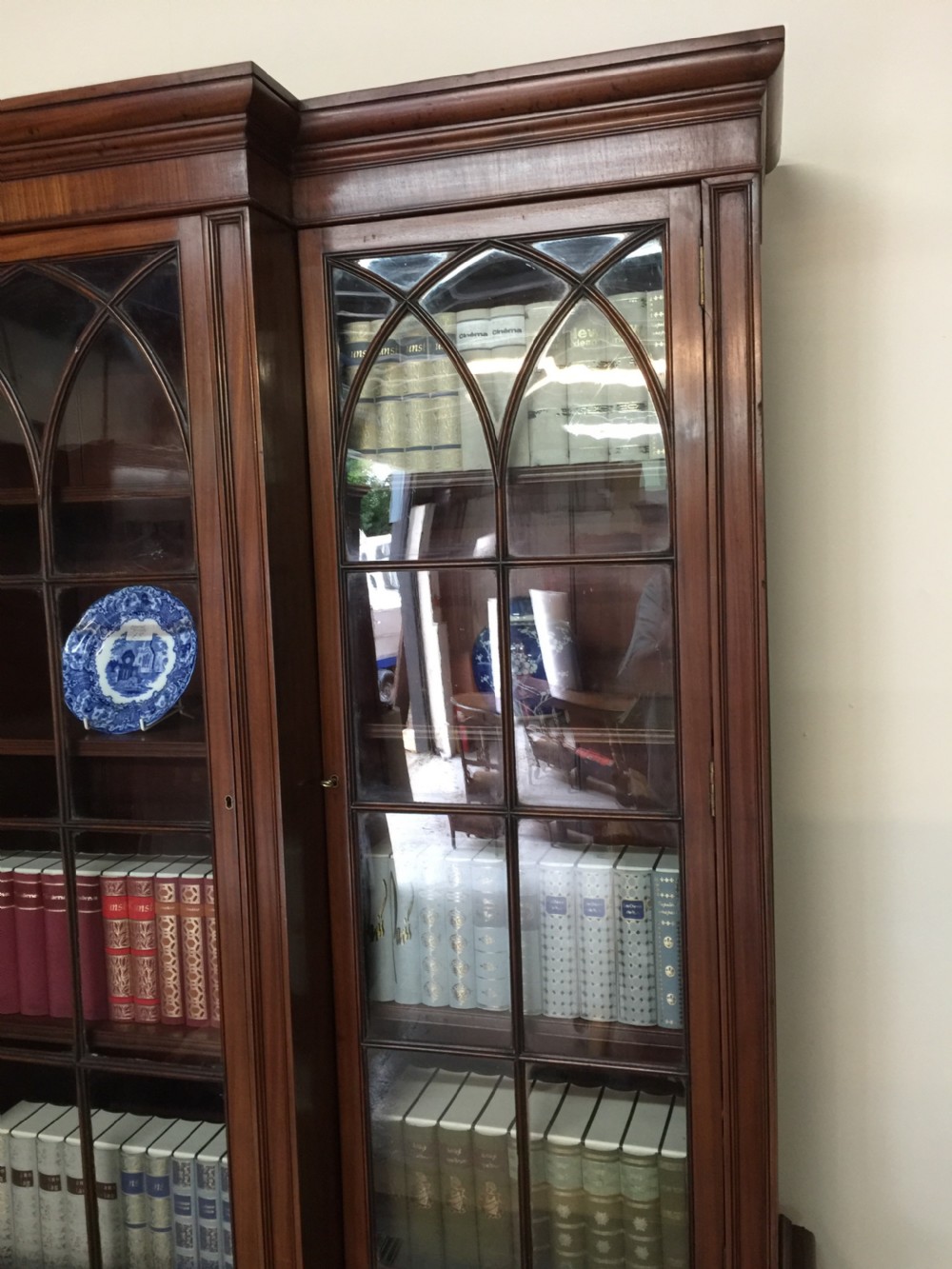 Edwardian breakfront mahogany triple bookcase View V