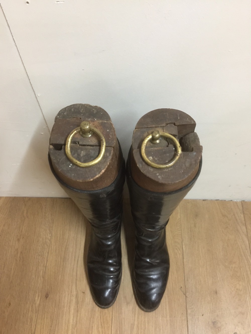 Antique pair of leather riding boots with trees  View II