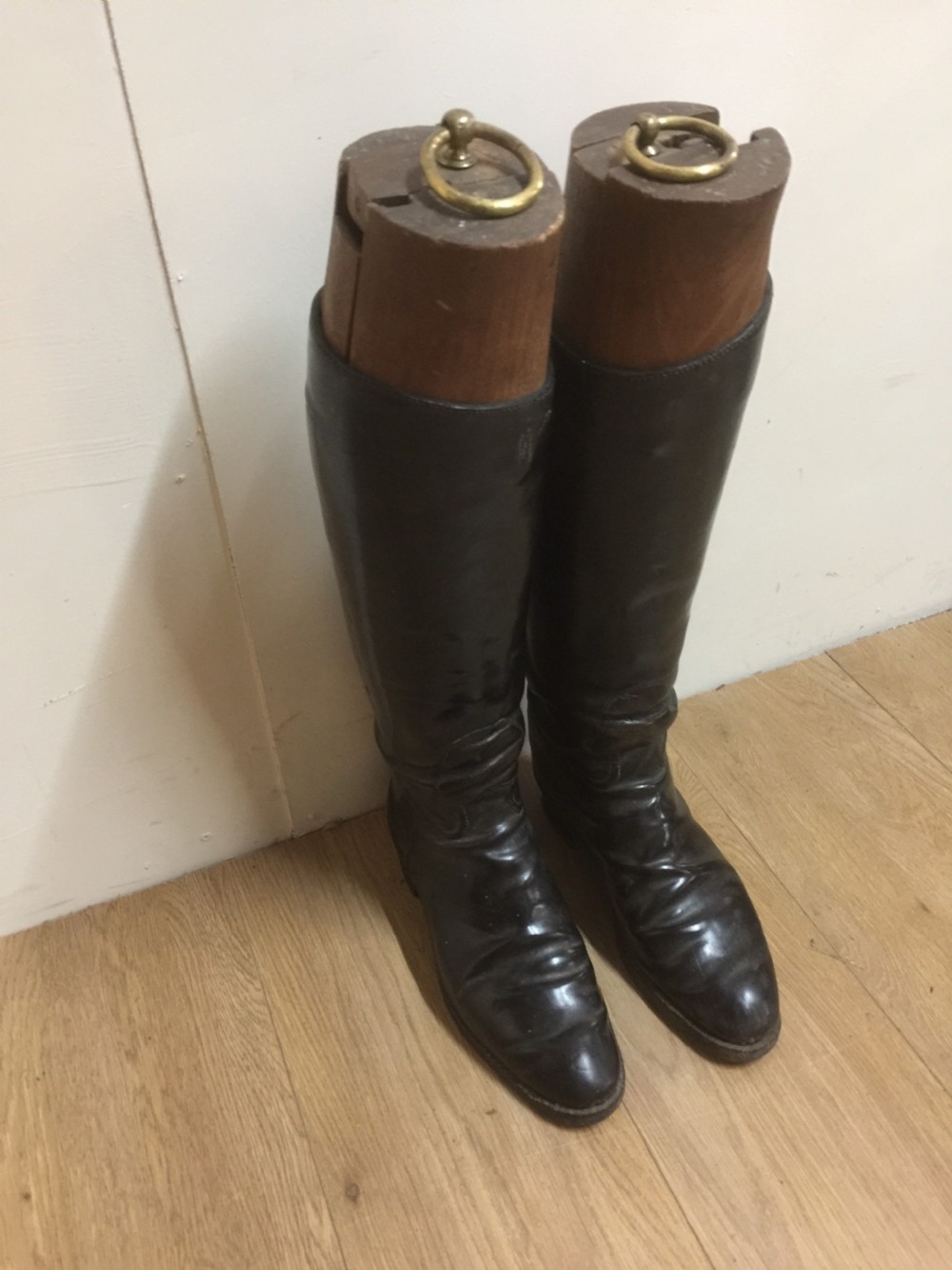 Antique pair of leather riding boots with trees  View III