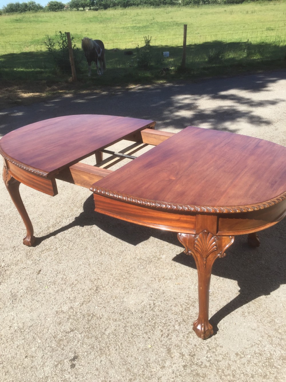 Edwardian eight seater walnut wind out dining table on cabriole legs  View II