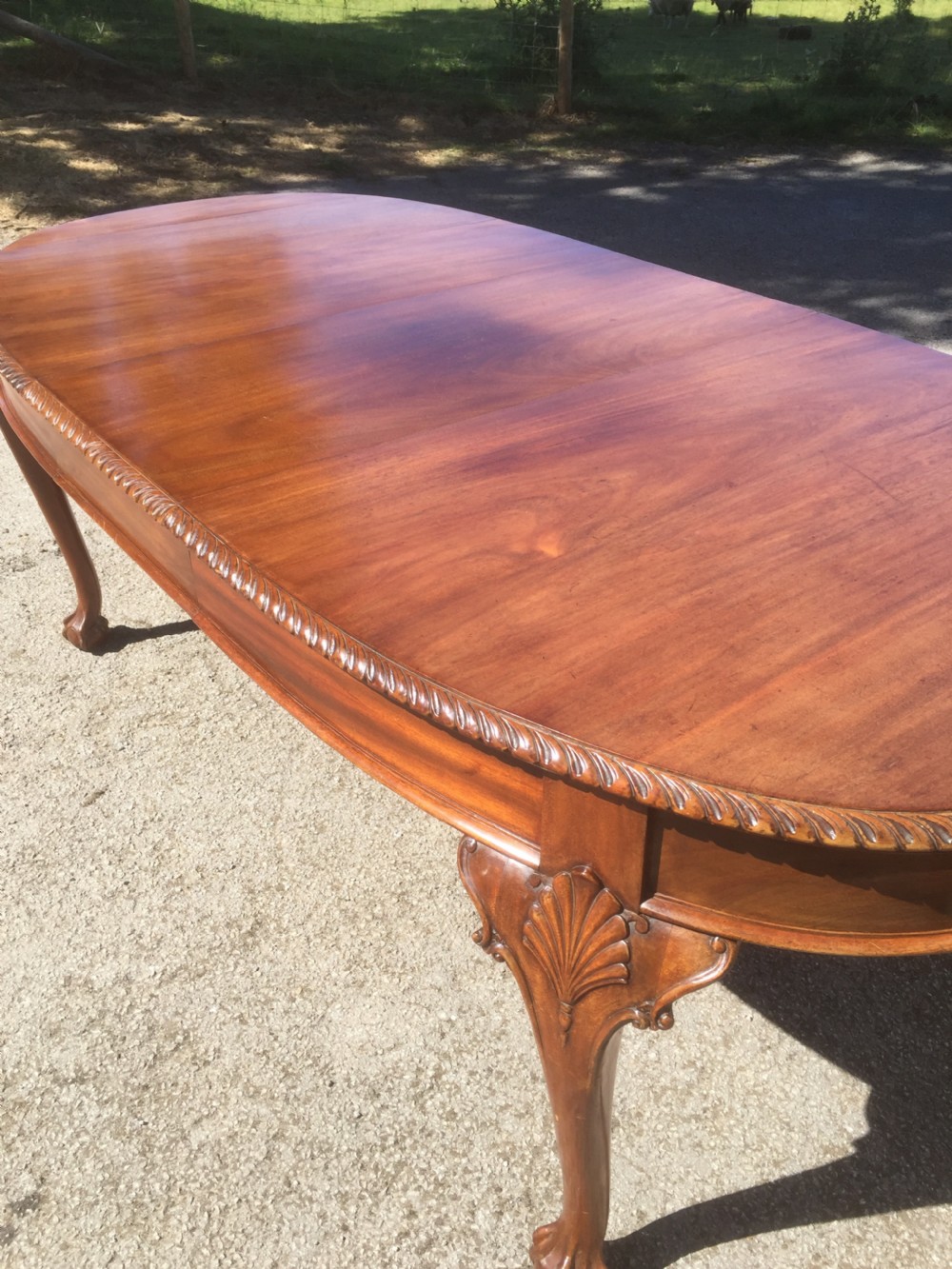 Edwardian eight seater walnut wind out dining table on cabriole legs  View VIII