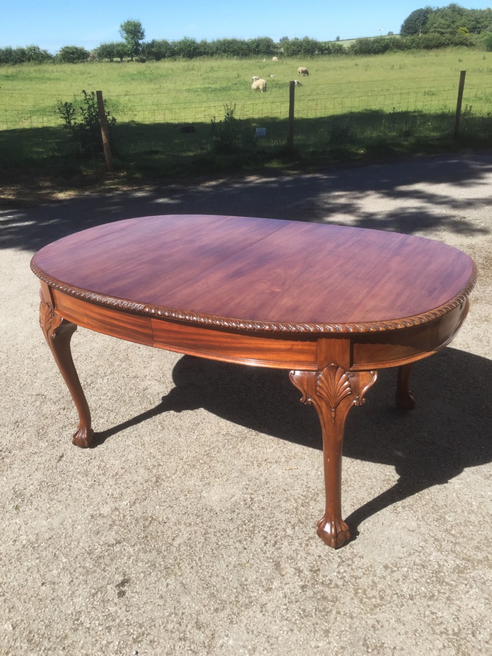 Edwardian eight seater walnut wind out dining table on cabriole legs  View XI