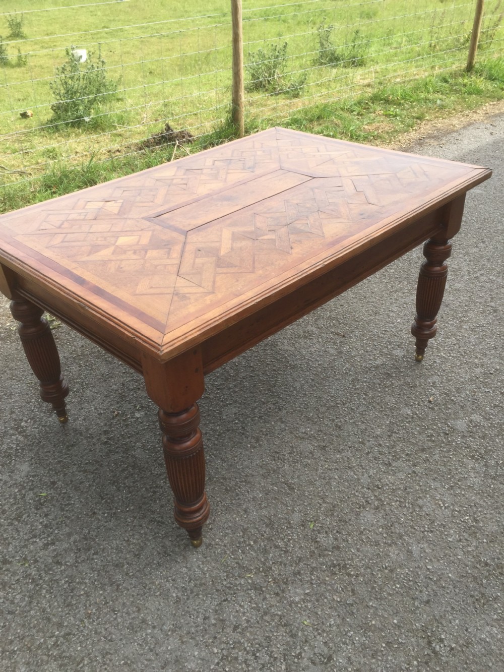 Nineteenth century oak parquetry six seater table on turned and reeded legs  View VIII