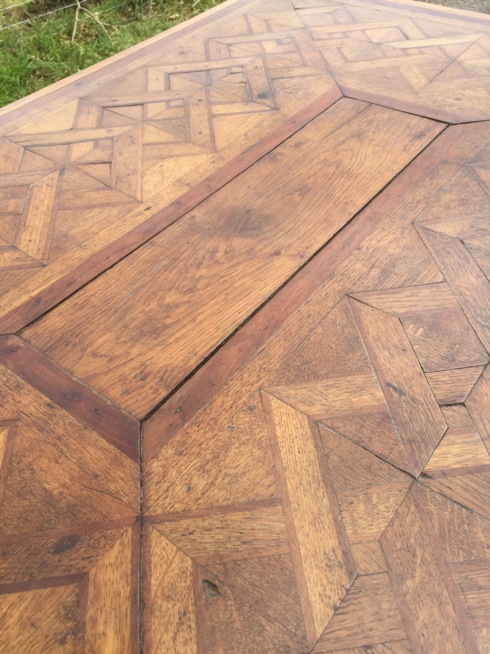 Nineteenth century oak parquetry six seater table on turned and reeded legs  View X