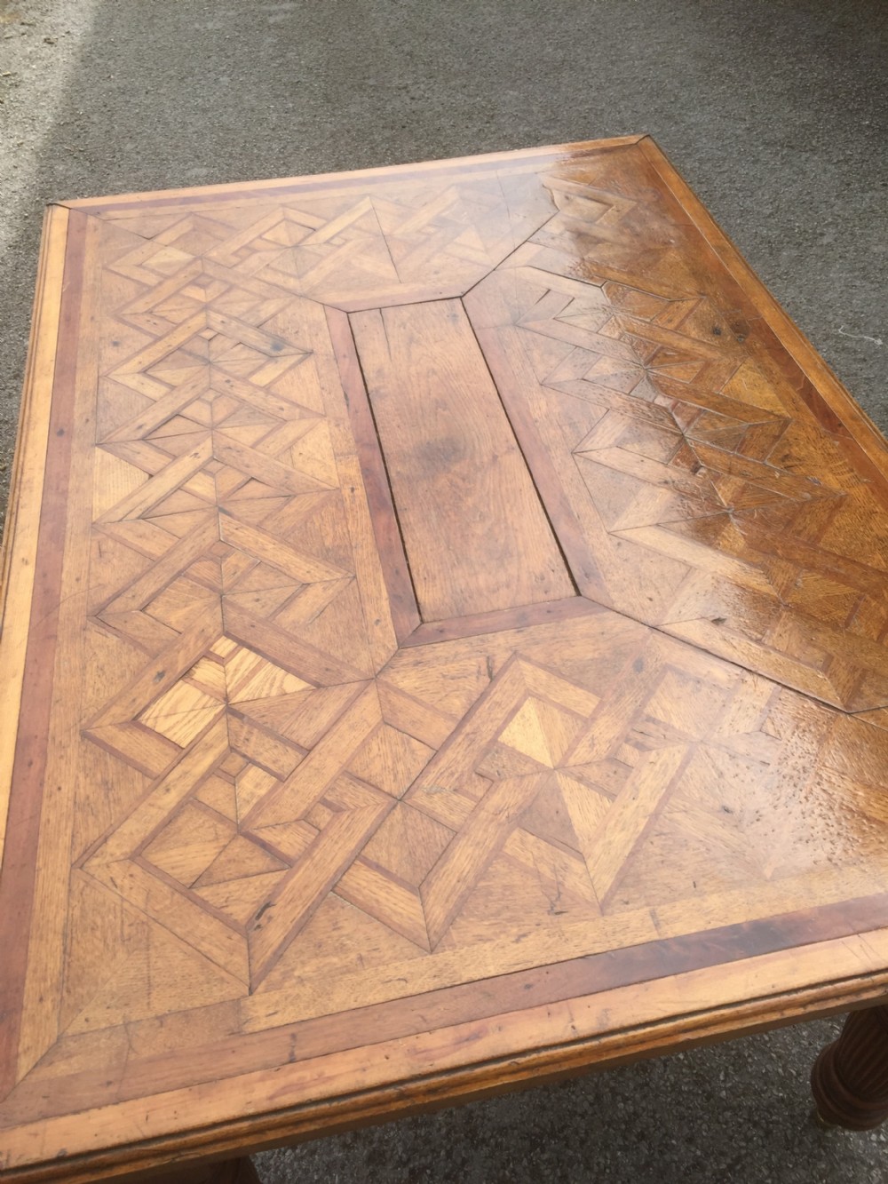Nineteenth century oak parquetry six seater table on turned and reeded legs  View XI
