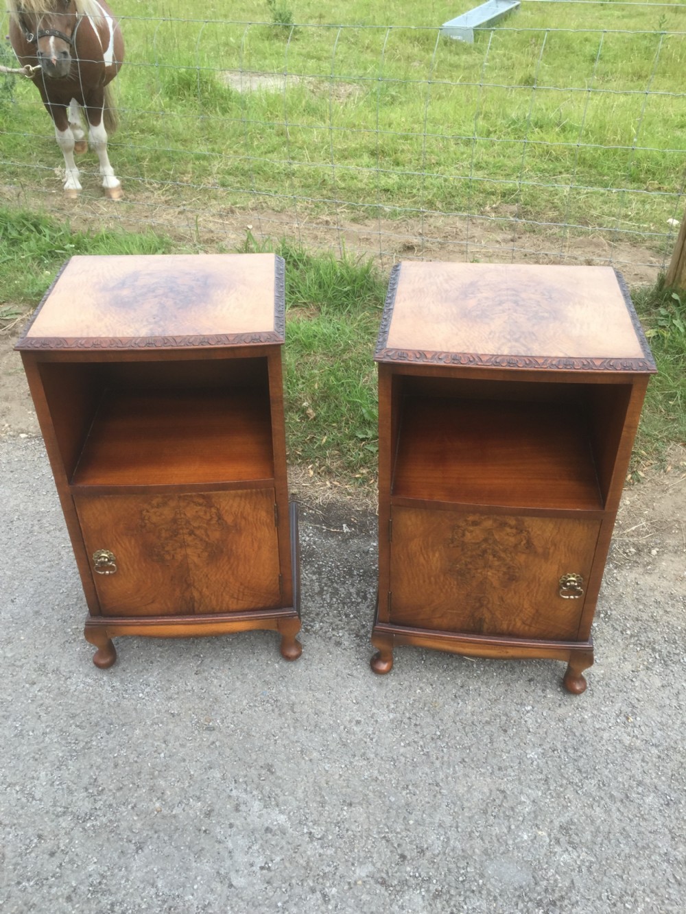 Pair of burr walnut bedside cabinets circa 1920  View II