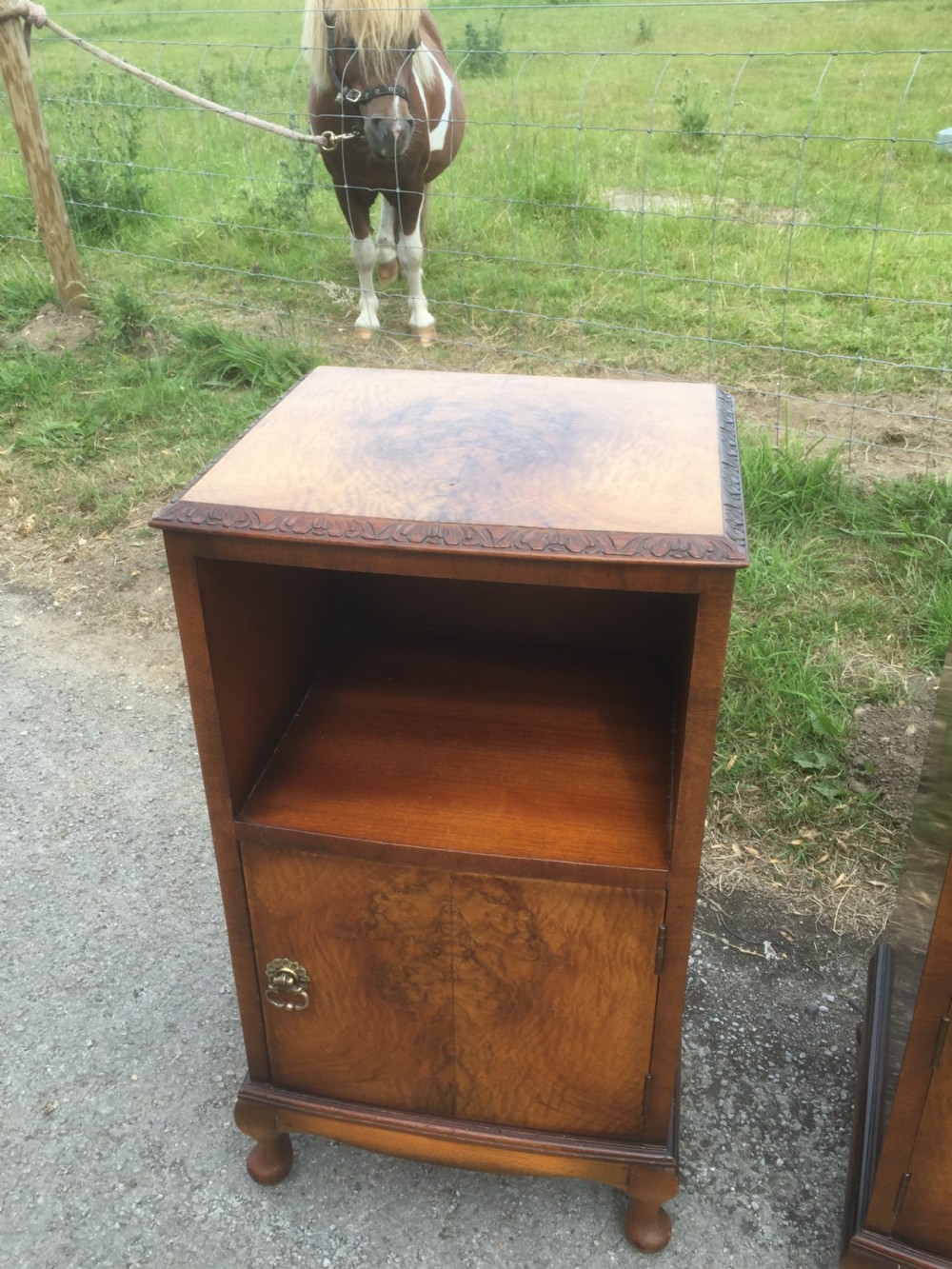 Pair of burr walnut bedside cabinets circa 1920  View V