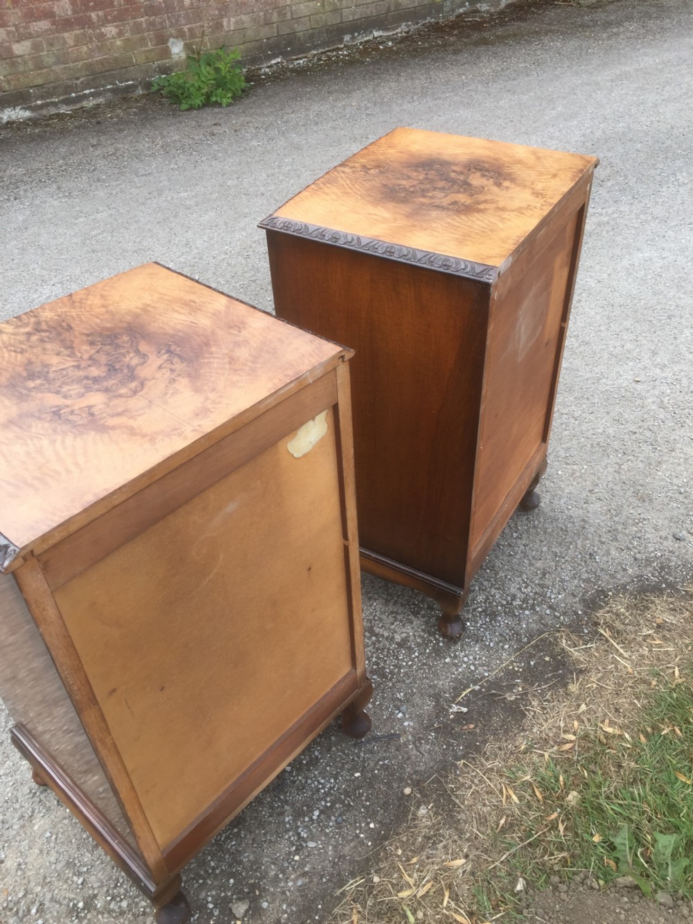 Pair of burr walnut bedside cabinets circa 1920  View X