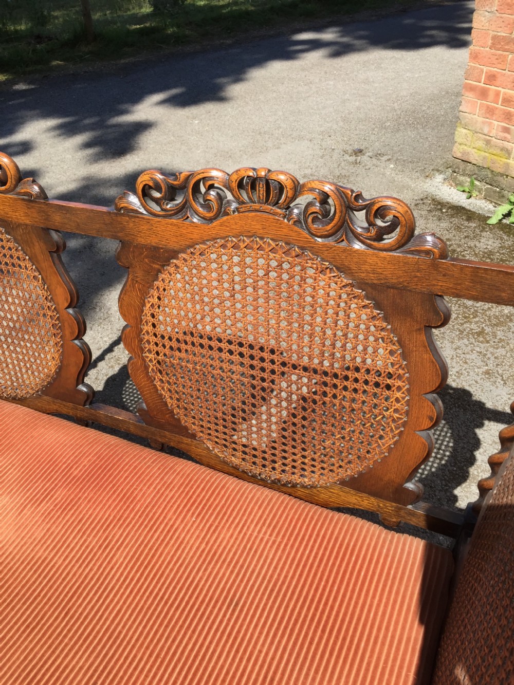 Edwardian oak Jacobean style Bergere  sofa View V