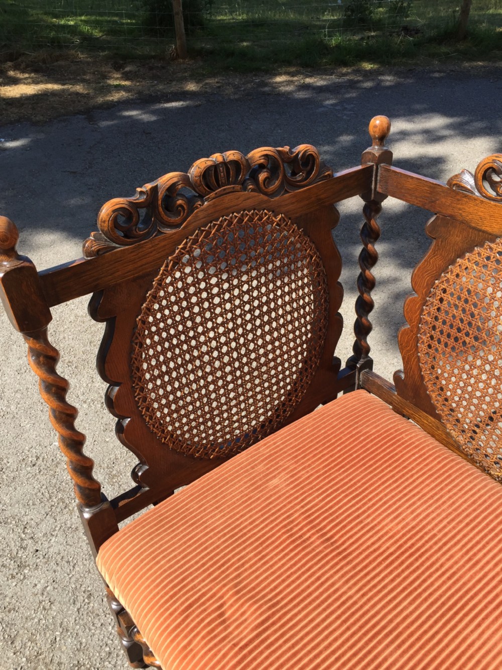 Edwardian oak Jacobean style Bergere  sofa View VI
