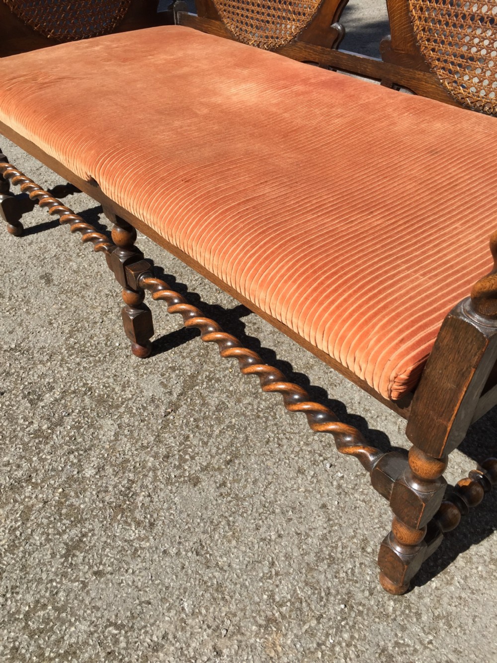 Edwardian oak Jacobean style Bergere  sofa View VII
