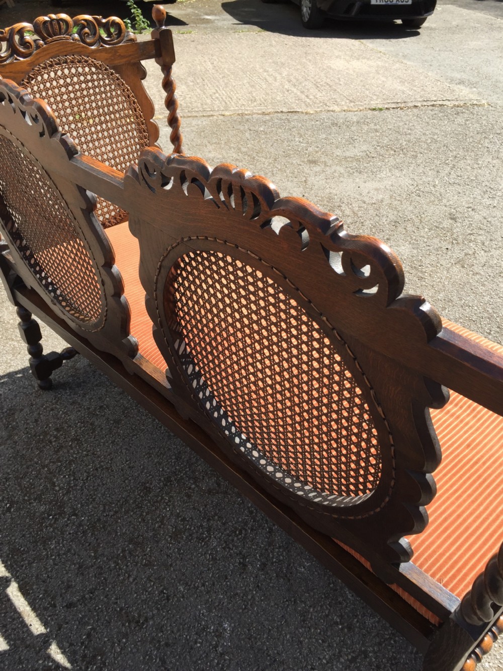Edwardian oak Jacobean style Bergere  sofa View IX
