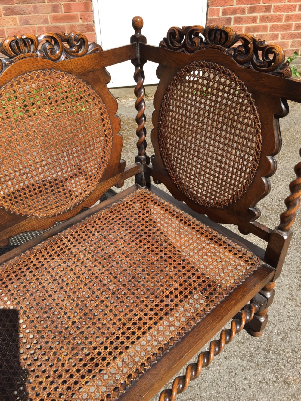Edwardian oak Jacobean style Bergere  sofa View XI