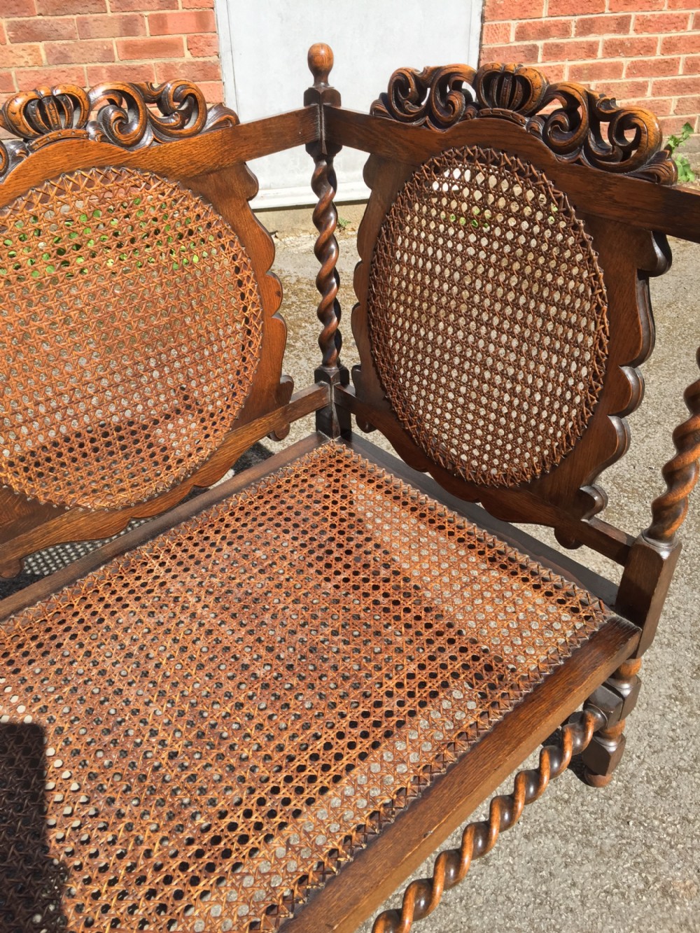 Edwardian oak Jacobean style Bergere  sofa View XII