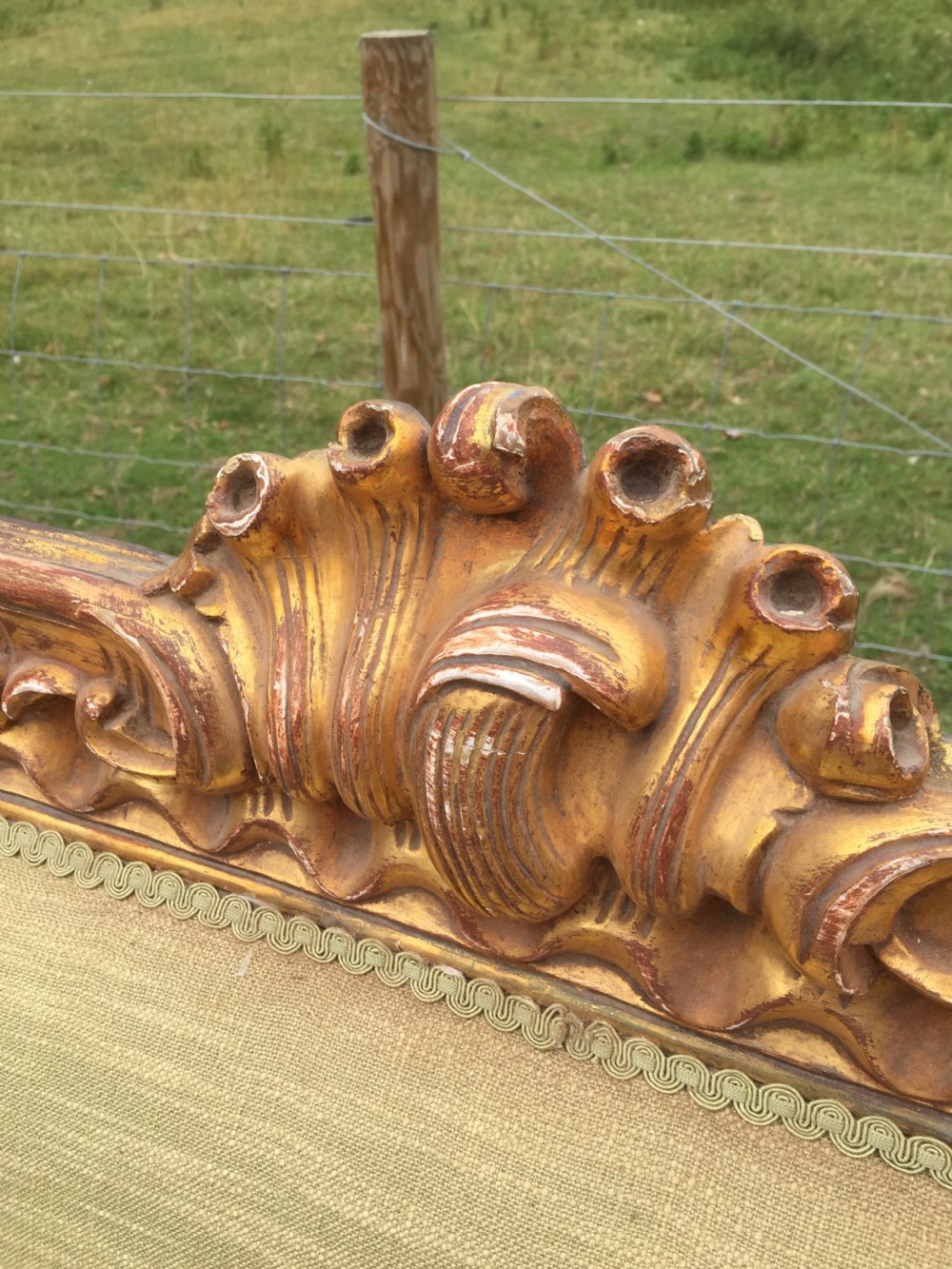 French three seater sofa with carved and gilded frame circa 1900 View III