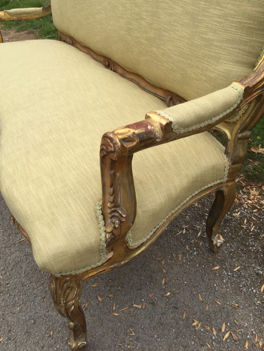 French three seater sofa with carved and gilded frame circa 1900 View IV