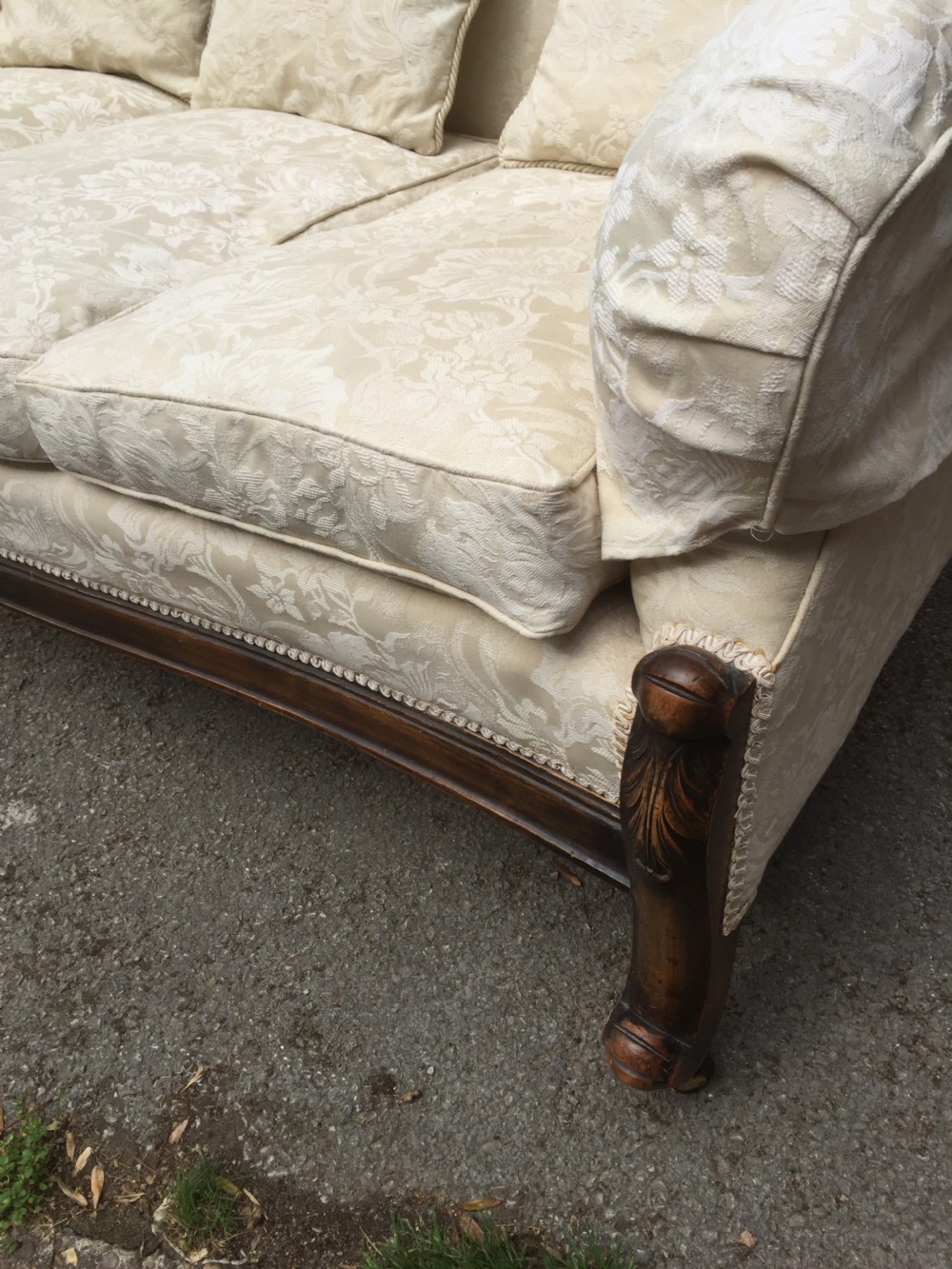 Nineteenth century country house three seater sofa in cream damask View II