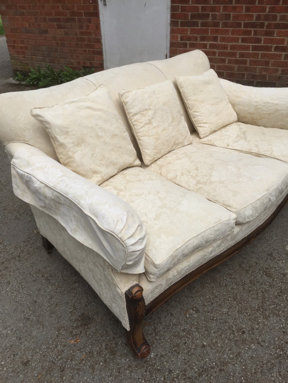 Nineteenth century country house three seater sofa in cream damask View III
