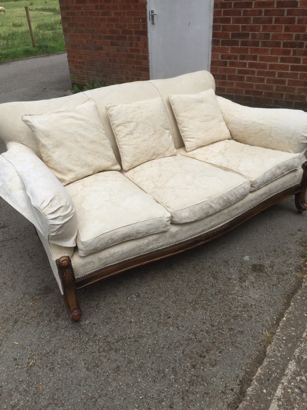 Nineteenth century country house three seater sofa in cream damask View VII