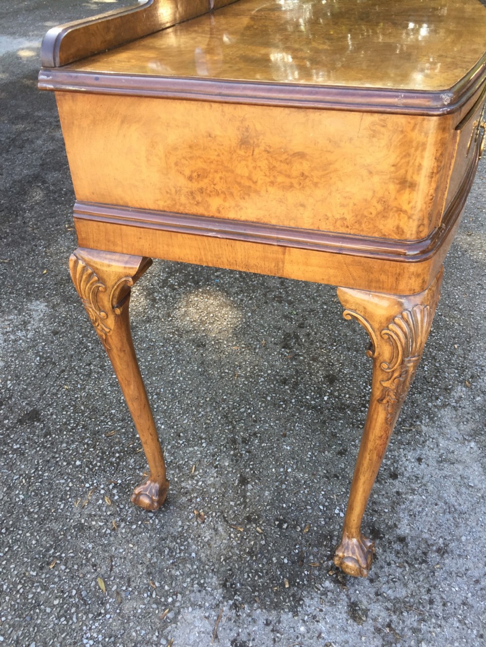 Burr walnut two drawer side table circa 1920 View X