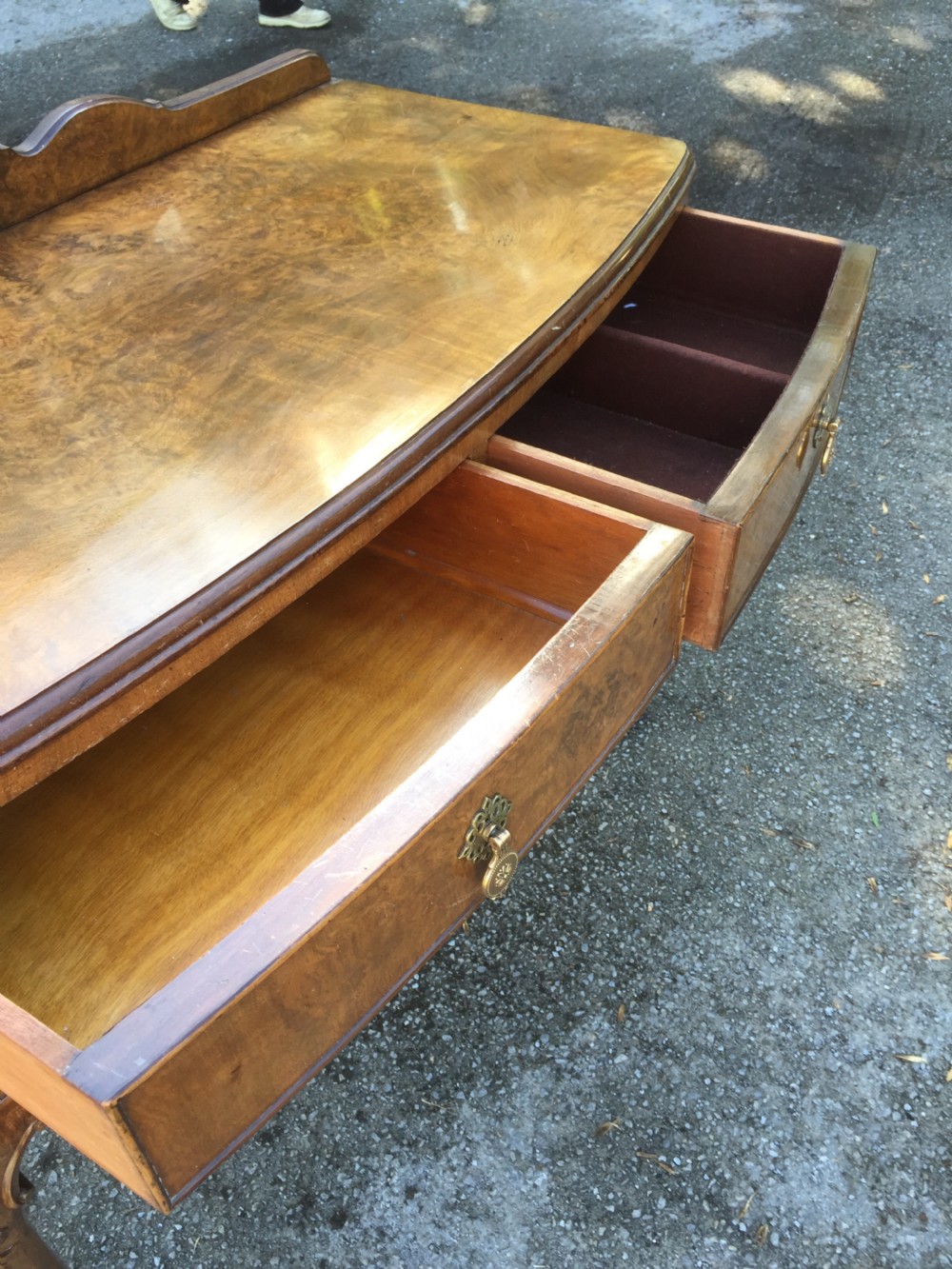 Burr walnut two drawer side table circa 1920 View XIII