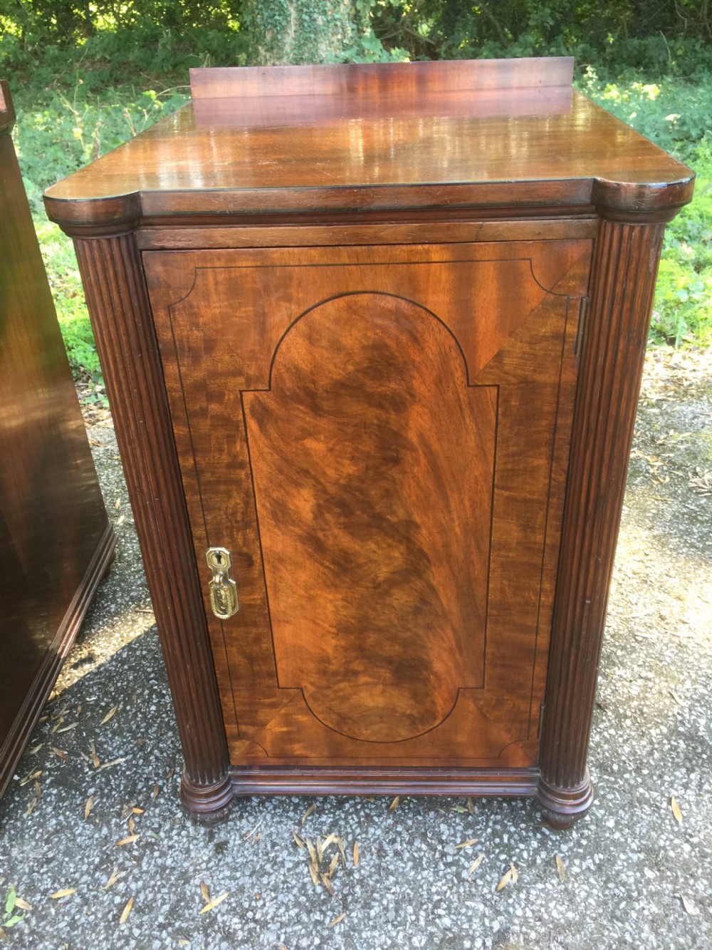 Pair of nineteenth century flame mahogany inlaid bedside cupboards View II