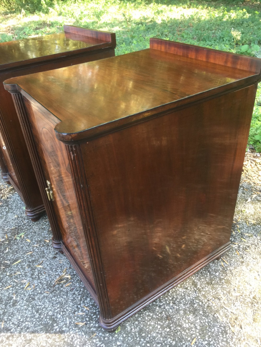 Pair of nineteenth century flame mahogany inlaid bedside cupboards View IV