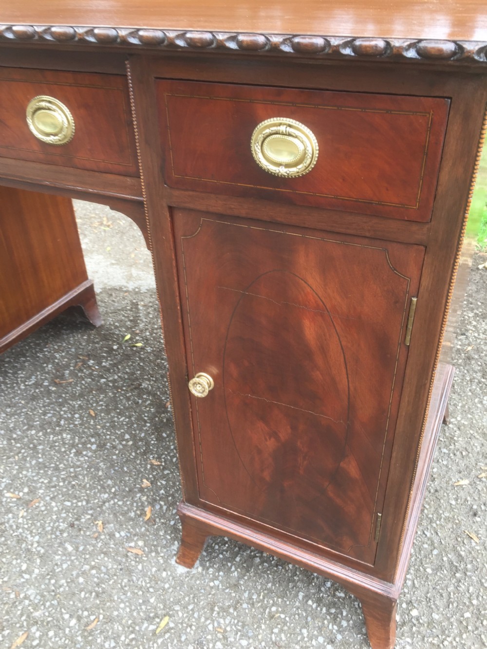 Edwardian flame mahogany twin Pedestal desk  View II