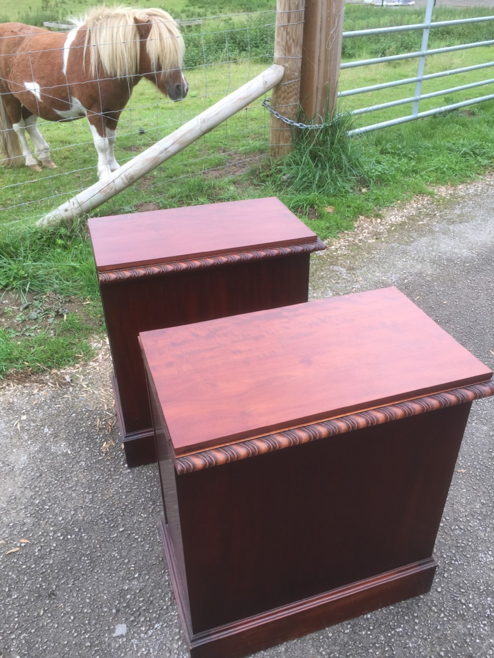 Pair of mahogany bedside cabinets with flame mahogany tops circa 1920 View IX