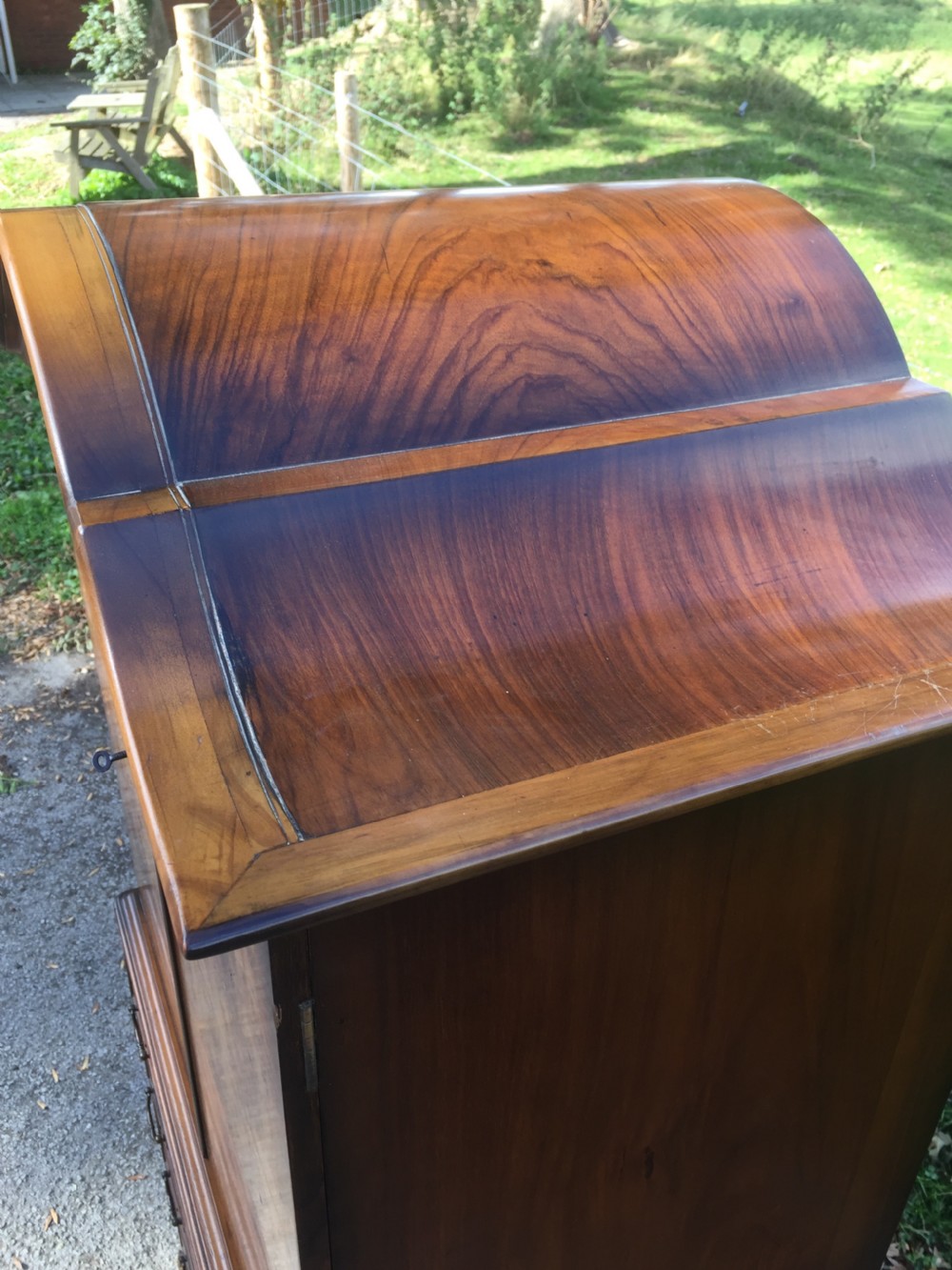 Burr walnut dome topped cupboard over drawers circa 1920 of small proportions  View V