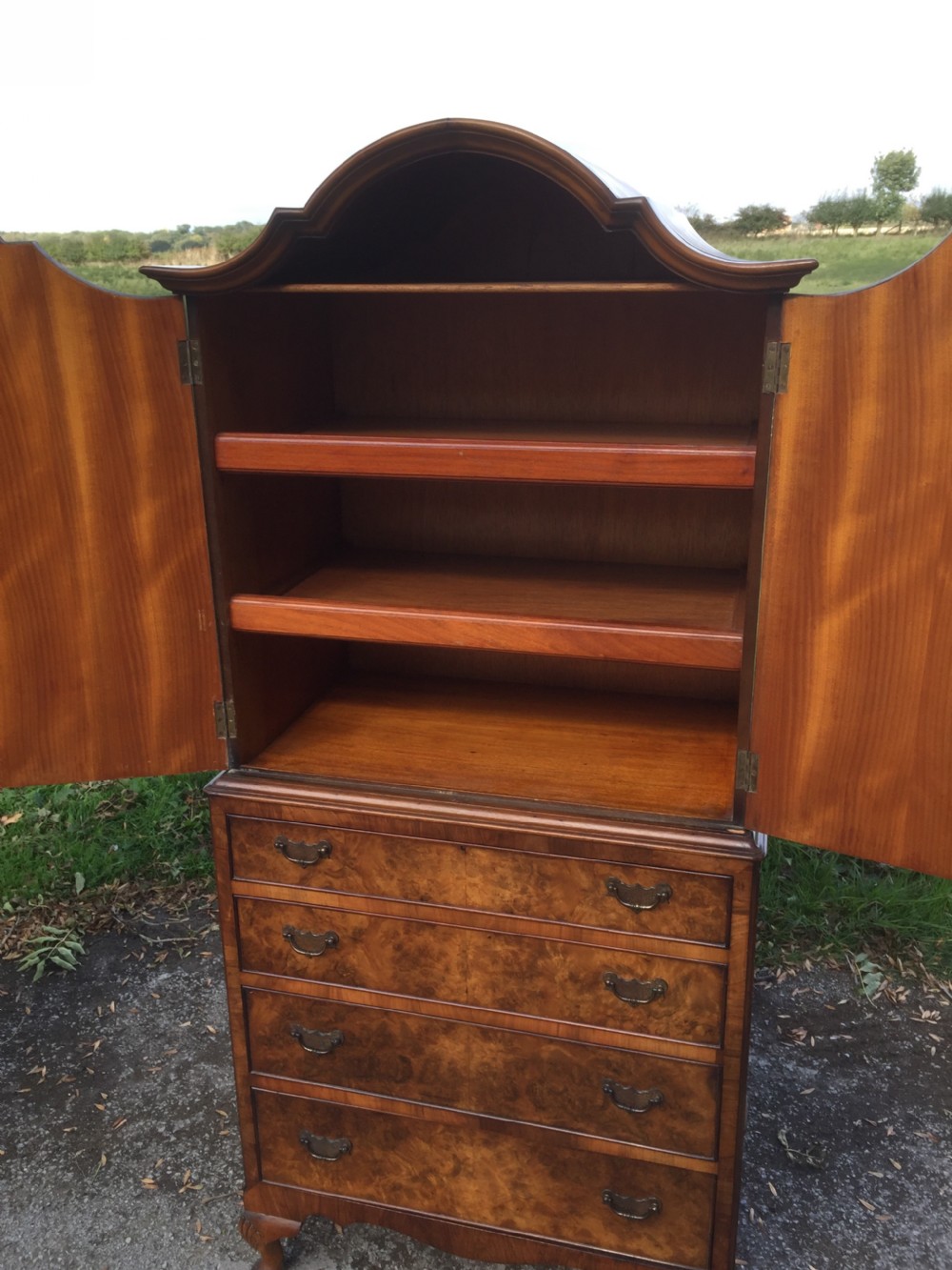 Burr walnut dome topped cupboard over drawers circa 1920 of small proportions  View VII
